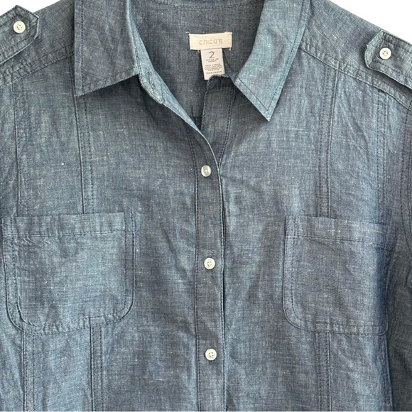 CHICO’S Button Front Chambray Roll Tab Sleeve Shirt Size M - Picture 2 of 9